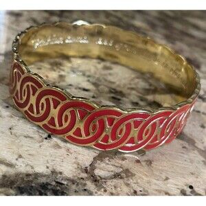 Vtg Liz Claiborne Gold Tone Red Circles Enamel Bangle Bracelet Quote 8"